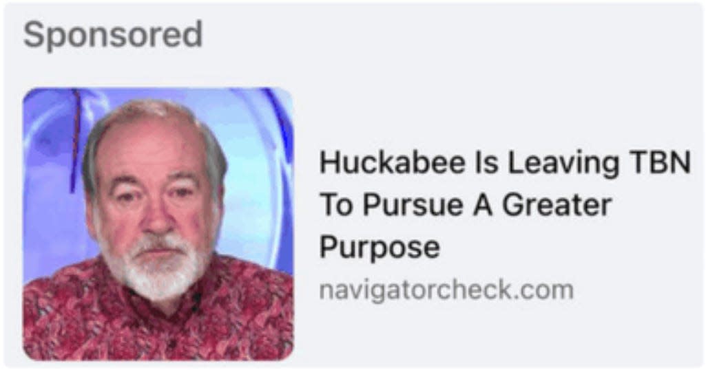 A false Facebook ad, since taken down, in which former Arkansas Governor Mike Huckabee "endorses" CBD gummies.