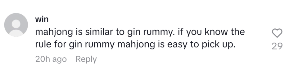 Comment comparing mahjong to gin rummy; suggests it's easy to learn if you know gin rummy rules