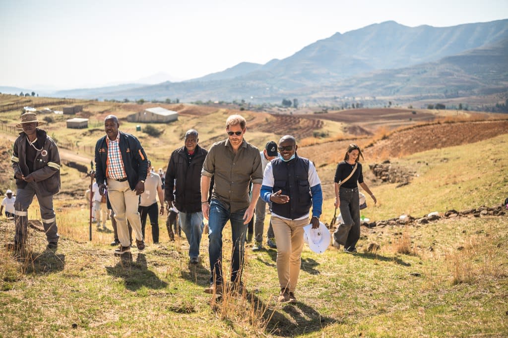 Prince Harry, Duke of Sussex (L) arrives at a visit to Matlameng â Ha Mahlehle in the Leribe region with Sentebale to meet with the community and see the climate resilience project in action on October 2, 2024 in Leribe, Lesotho. Getty Images for Sentebale