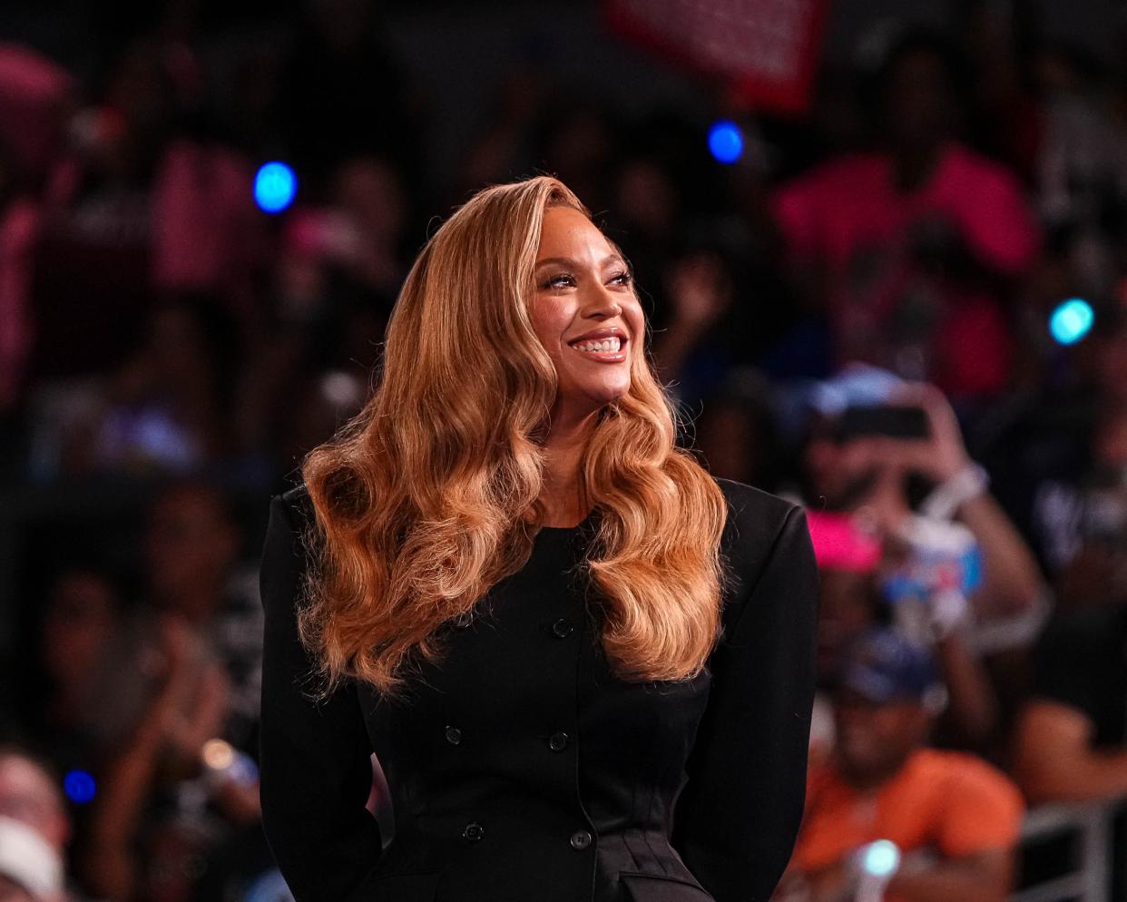 Artist Beyoncé Knowles-Carter takes the stage during a rally for Vice President Kamala Harris at Shell Energy Stadium on Friday, Oct. 25, 2024 in Houston, Texas.