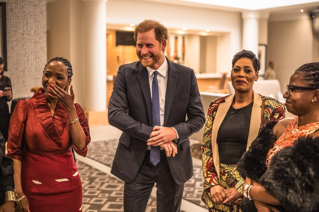 Board Chair Dr. Sophie Chandauka MBE, Prince Harry, Duke of Sussex and a guest attend a Sentebale reception and panel discussion at The Saxon Hotel in Johannesburg, South Africa. Getty Images for Sentebale