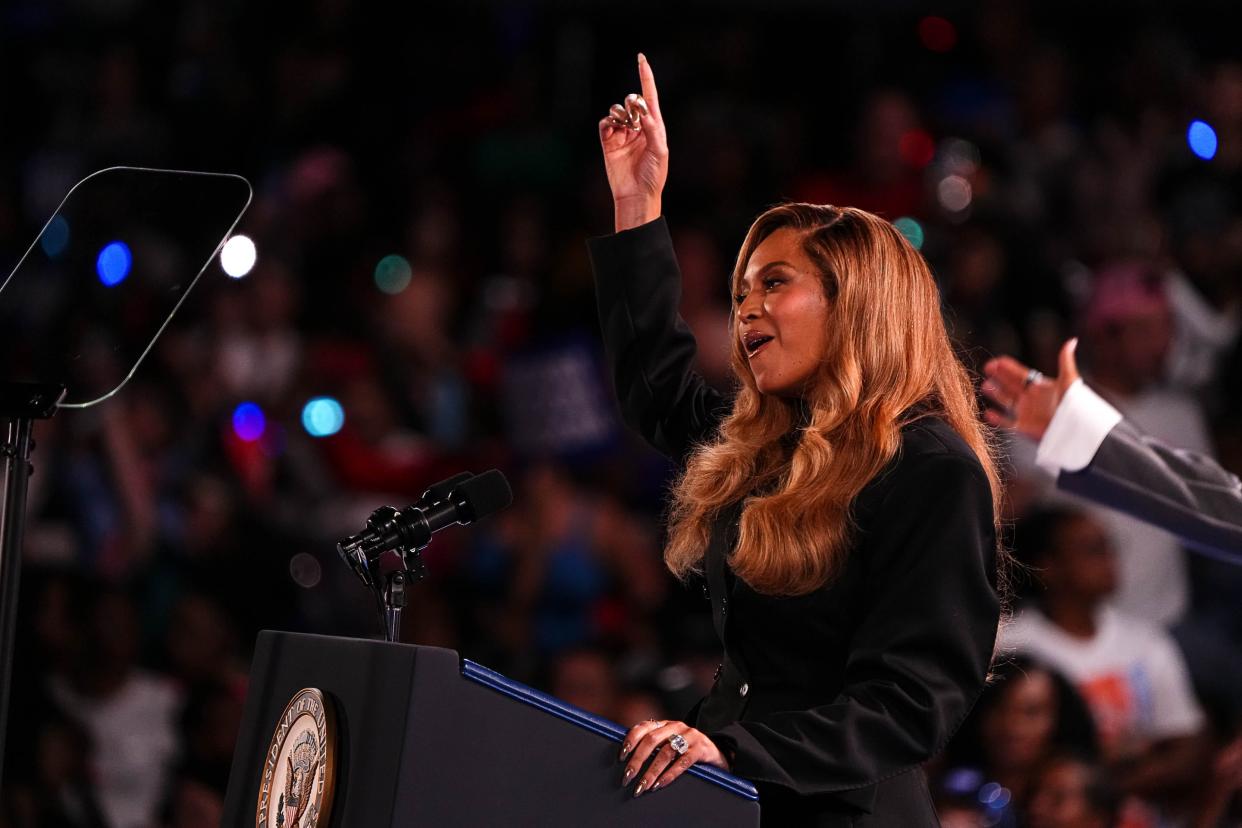 Artist Beyoncé Knowles-Carter speaks during a rally for Vice President Kamala Harris at Shell Energy Stadium on Friday, Oct. 25, 2024 in Houston, Texas.