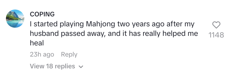 Comment from user "COPING" stating Mahjong helped them heal after their husband's passing. 1148 likes, 23 hours ago