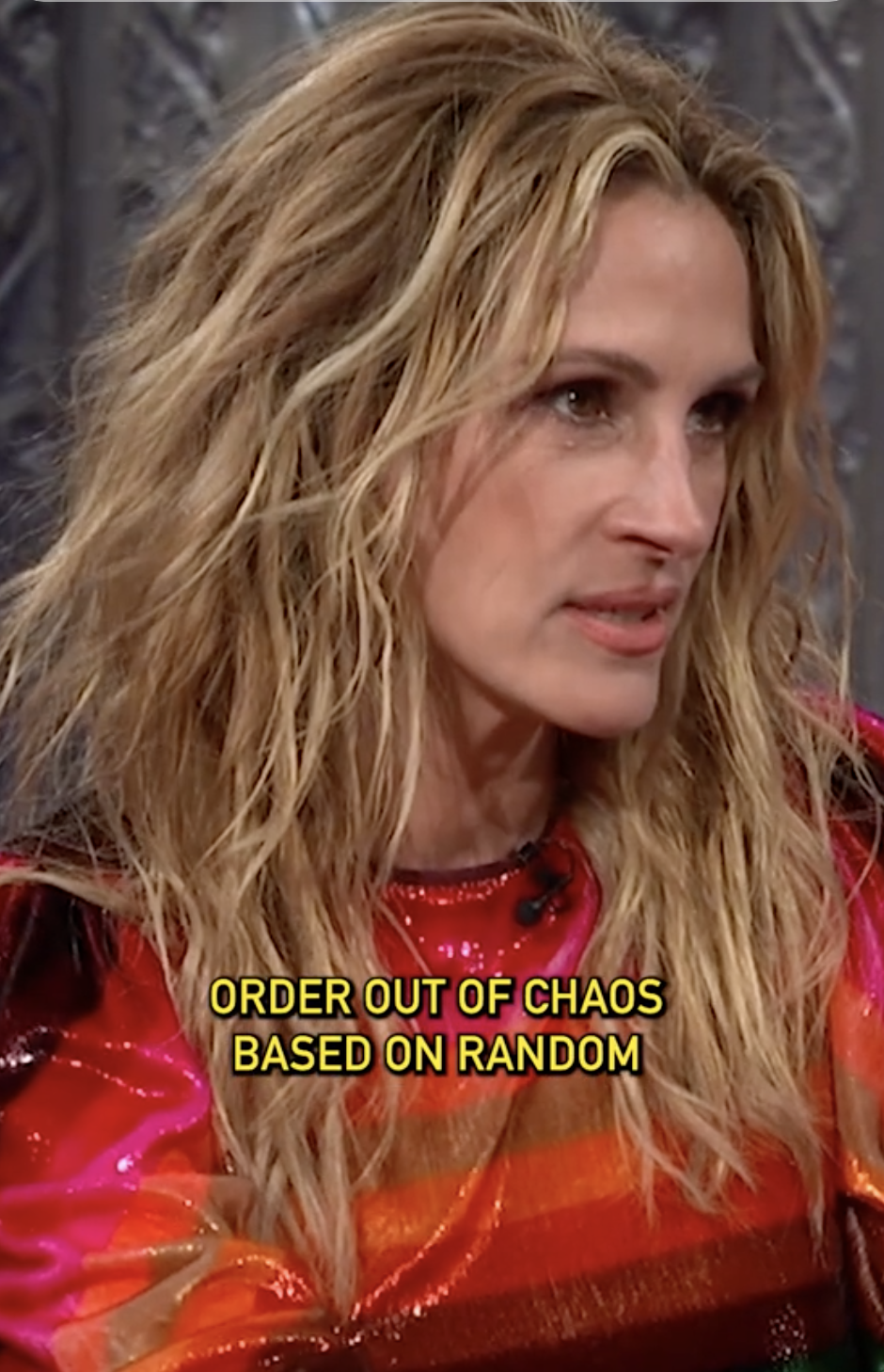 A person with long hair in a colorful, striped outfit speaking on a show. Text on screen says, "Order out of chaos based on random."