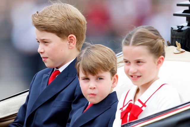 <p>Max Mumby/Indigo/Getty Images</p> Prince George, Prince Louis and Princess Charlotte at Trooping the Colour on June 17, 2023.