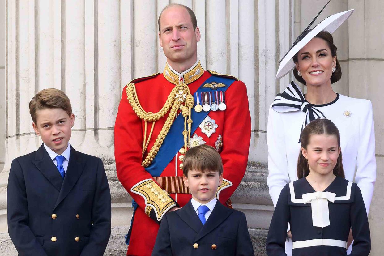 <p>Karwai Tang/WireImage</p> Prince George, Prince William, Prince Louis, Kate Middleton and Princess Charlotte at Trooping the Colour on June 15, 2024.