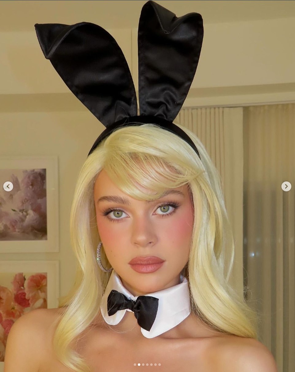 To complete her Playboy Club-approved attire, the actress fastened a bow tie collar around her neck and slipped on a pair of bunny ears