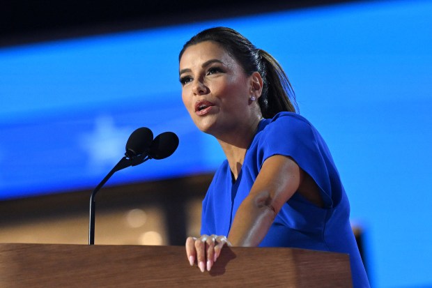 US actress Eva Longoria speaks on the fourth and last day of the Democratic National Convention (DNC) at the United Center in Chicago, Illinois, on August 22, 2024. Vice President Kamala Harris will formally accept the party's nomination for president today at the DNC which ran from August 19-22 in Chicago. (Photo by SAUL LOEB / AFP) (Photo by SAUL LOEB/AFP via Getty Images)