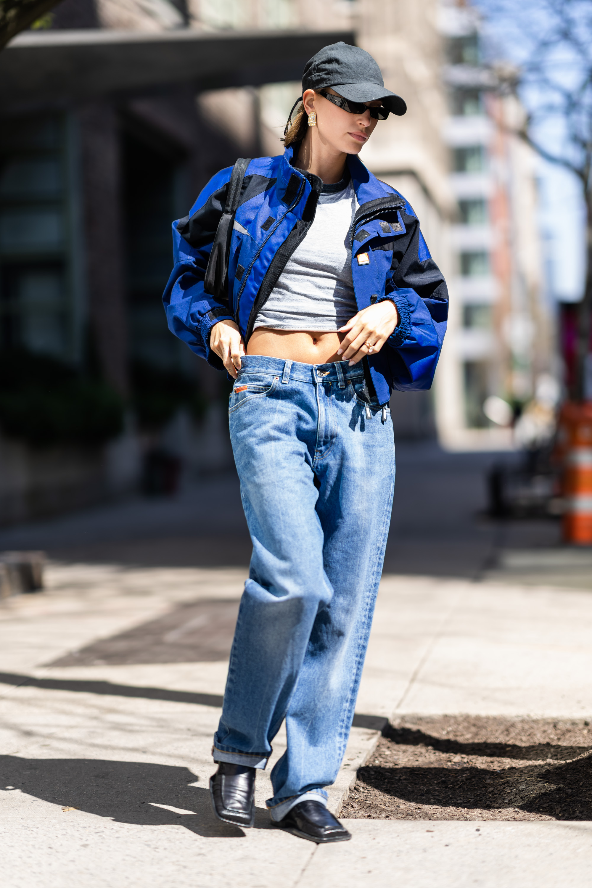 Hailey Bieber in wide leg jeans