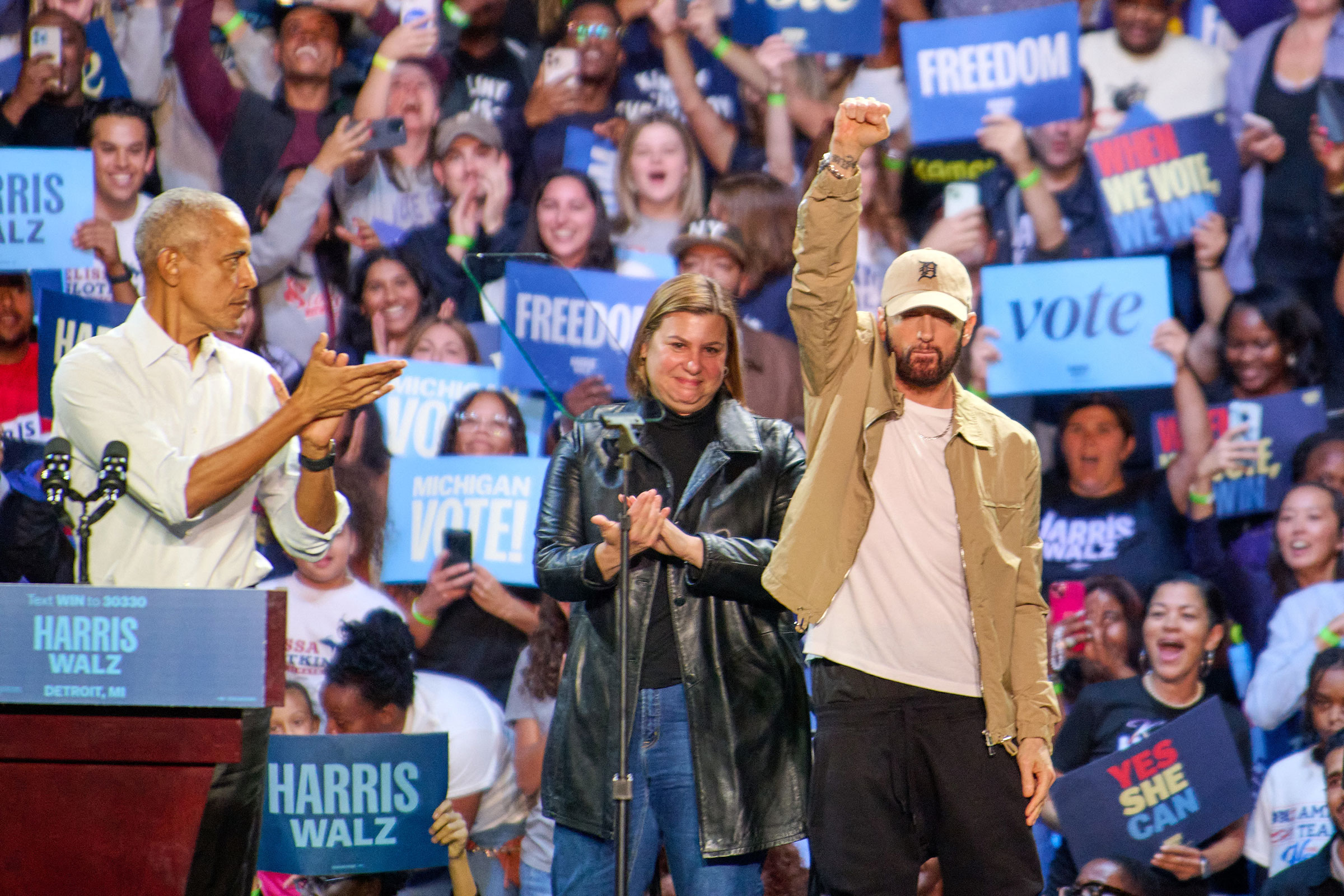 Eminem introduces former president Barack Obama during a rally to supporters Harris in Detroit, Mich., on Oct. 22.