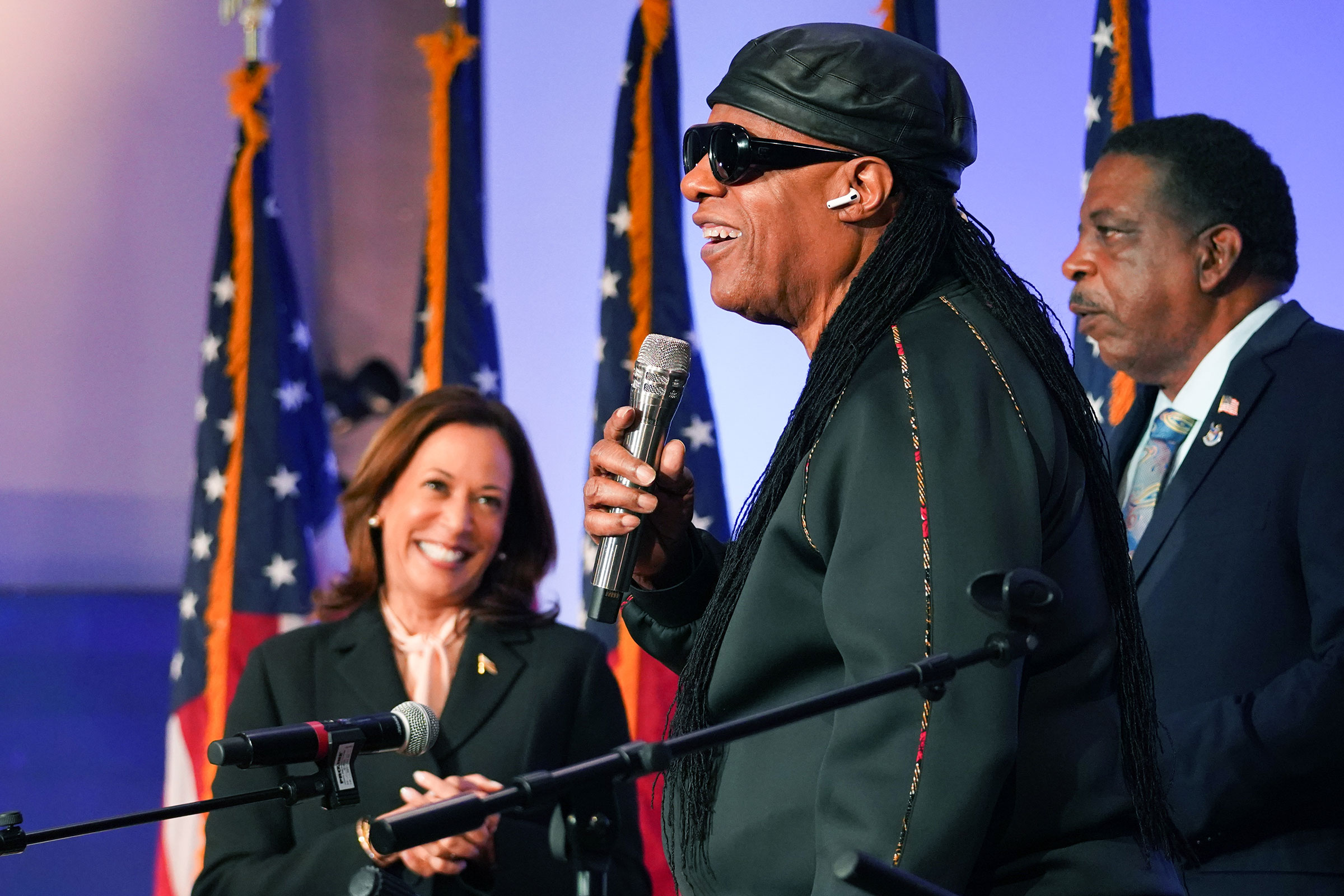 Stevie Wonder performs at a campaign event for Harris at Divine Faith Ministries International in Jonesboro, Ga. on Oct. 20.