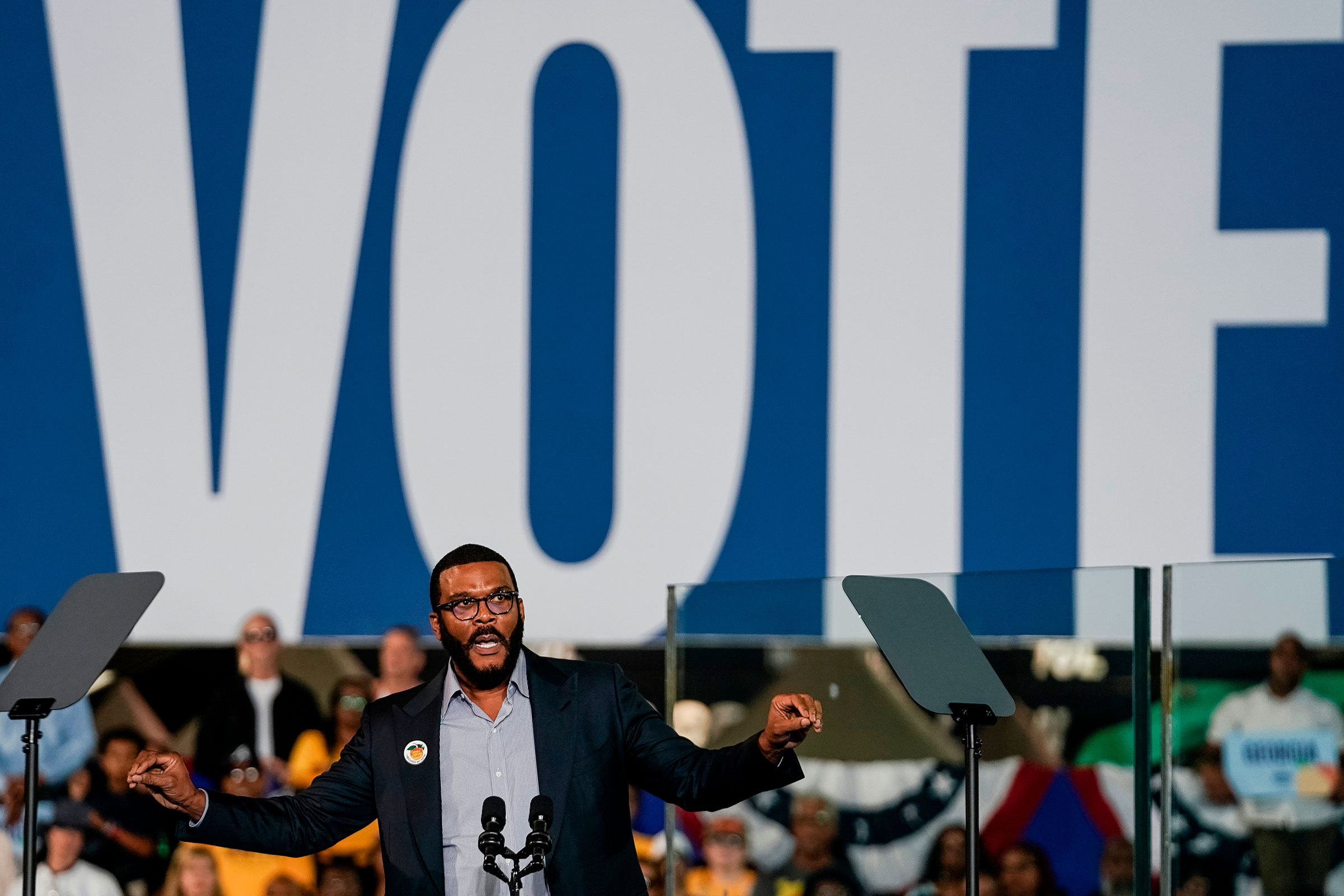 Tyler Perry during a campaign event in Clarkston, Ga., on Oct. 24.