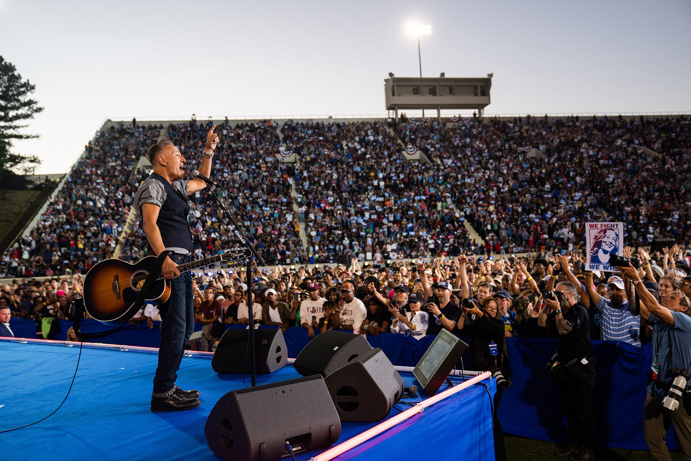 Bruce Springsteen performs during Harris's campaign rally in Clarkston, Ga on Oct. 24.