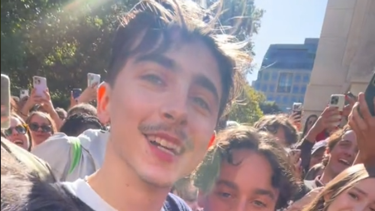 Actor Timothée Chalamet makes a surprise appearance at his own look-alike contest in Lower Manhattan 27/10/2024. Screengrab from tiktok video https://vm.tiktok.com/ZGd8YPPAc/  used with permission jadiecakes_